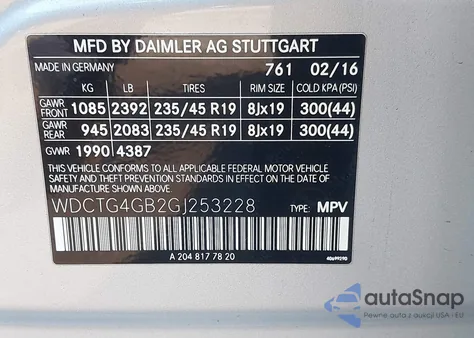 2016 Mercedes-Benz Gla 250 4Matic z USA, uszkodzony, nr VIN WDCTG4GB2GJ253228